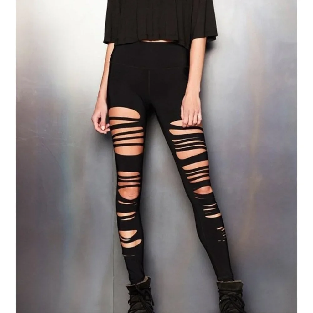 Alo High-Waist Extreme Ripped Warrior Leggings Black Edgy Hi-Rise Destroyed Pant